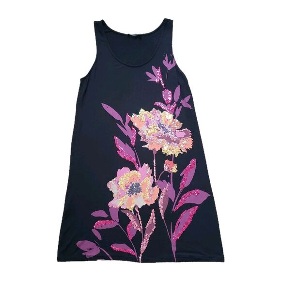Express Mini Sequined A-Line Mini Dress Tunic Sleeveless Black Flowers Size S - Picture 1 of 5